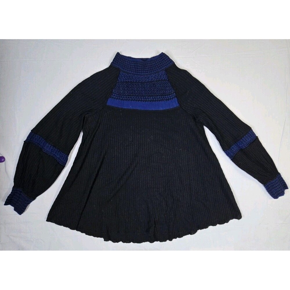 Free People Shirt Women Small Blue Black Thermal Waffle Crochet Snow Day Mock